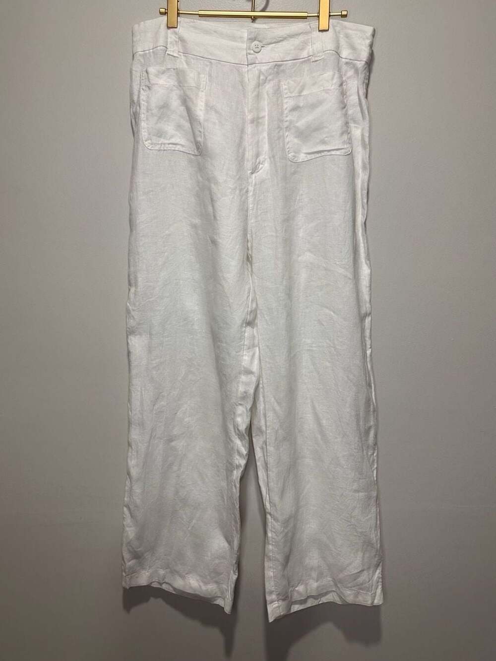 Nicole Miller New York 100% Linen Wide Leg Pants White Utility Pocket